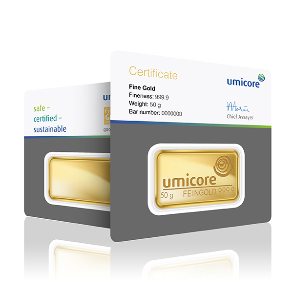 50g Umicore Investment Gold Bar (999.9)