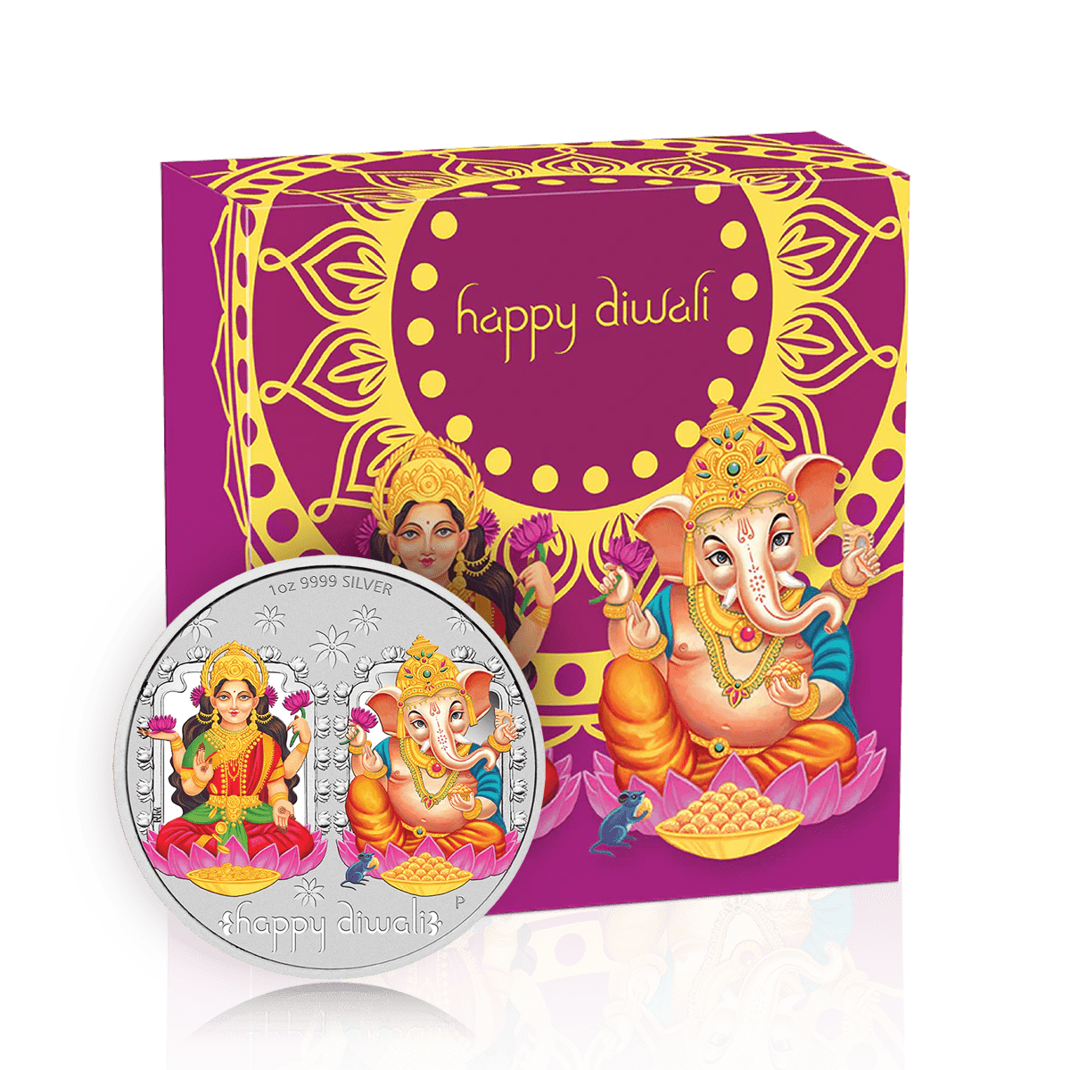 1oz Silver Diwali Edition Coloured Lakshmi & Ganesh Box Set (2019)